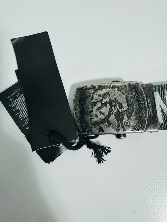Diesel Other - Diesel Grey Web Belt with Red & White Logo and Distressed Silver Buckle
